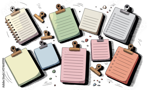 Arrangement of various colored notepads with clips on a textured surface for notes and lists