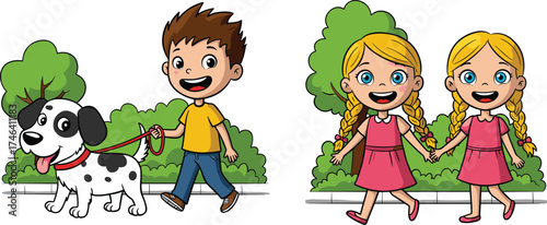 Happy children walking together in park, boy walking dog on leash, twin girls holding hands, outdoor fun, friendship, nature, happiness