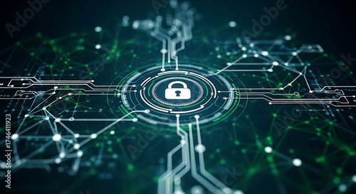Cybersecurity: A digital lock shines brightly amidst a complex network of circuits and data pathways, symbolizing the protection and security of vital information.