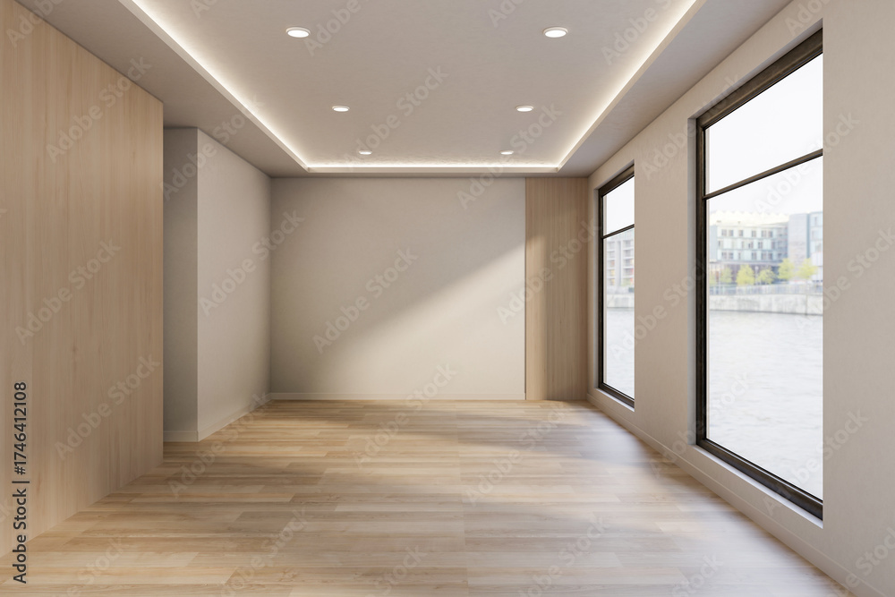 Fototapeta premium Empty bright mockup room with glass window and ceiling lamp with white wall and wooden parquet floor