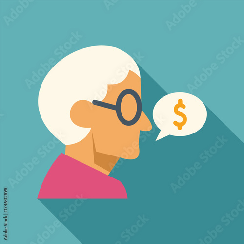 Senior person wearing eyeglasses, thinking or talking about money and savings with a dollar symbol in a speech bubble