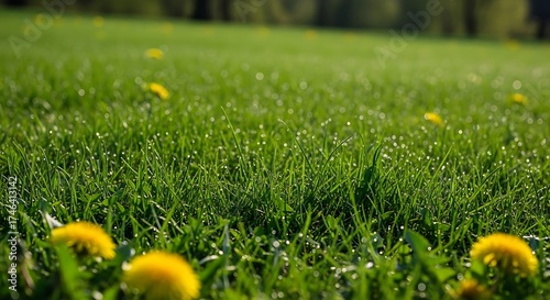 Lush Meadow: An evocative view of a dense expanse of healthy, vibrant green grass dotted with bright yellow dandelion blooms.