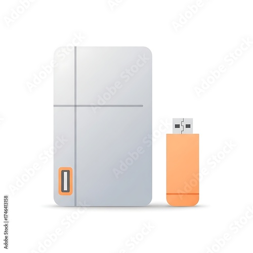 Modern Portable External Hard Drive and USB Flash Drive on White Background.