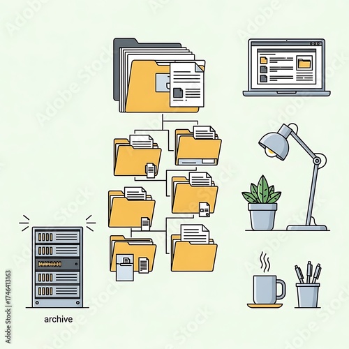 Office workspace with computer, folders, and archive server.