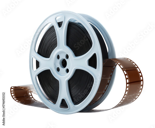 A vintage film reel with brown celluloid film unwinding, isolated on a transparent background, representing cinema and movie production