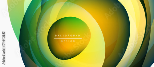 Abstract layers create circular design. Vibrant greens, yellows blend smoothly. Modern aesthetic, suitable background element.
