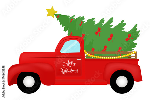 A red vintage truck carrying a Christmas tree adorned with red bows and a star, with "Merry Christmas" text on the side.