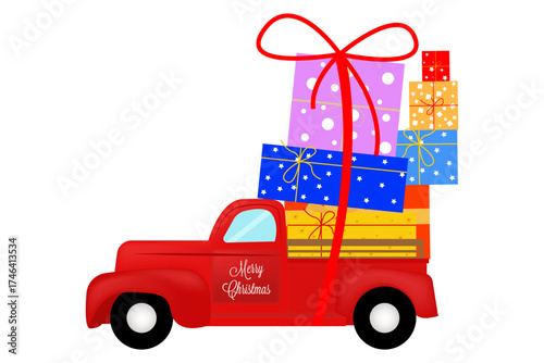 A red vintage truck loaded with colorful gift boxes tied with a large red bow, featuring "Merry Christmas" text on the side.