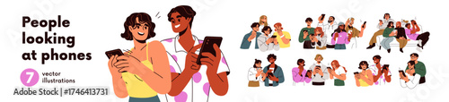 People groups watching video, scrolling social media, reading news together set. Couples, friends looking at screens with mobile phones in hands. Flat vector illustrations isolated on white background