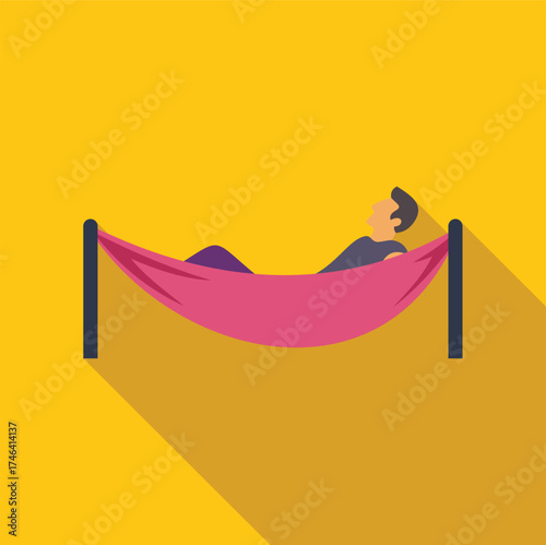 Man relaxing lying in pink hammock on yellow background, summer vacation concept