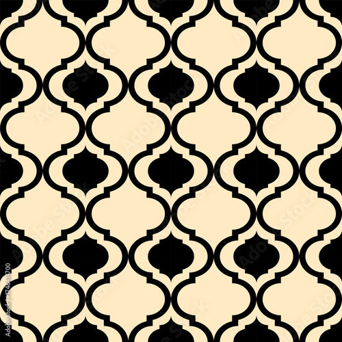 Black quatrefoil geometric pattern on a light cream background repeating Moroccan tile design ornamental arabesque lattice graphic