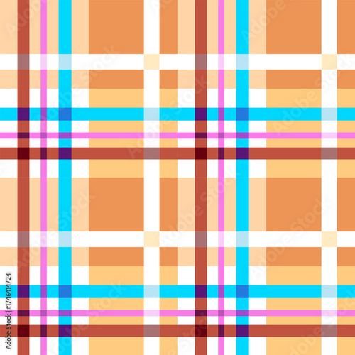 Seamless pattern of intersecting vertical and horizontal stripes in orange white cyan pink and brown hues background textile fabric