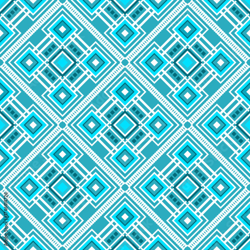 Geometric seamless pattern of interlocking diamond shapes and striped lines in shades of blue and white design abstract graphic texture