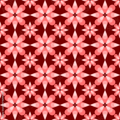 Seamless Geometric Floral Pattern with Pink Stylized Flower Motifs on Deep Maroon Background for Elegant Textile Design and Modern Wallpaper Decorative Art