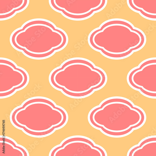 Seamless pattern of pink cloud shapes with white outlines on a pale yellow background Graphic Illustration Design Texture Repeating