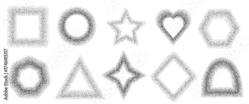 Noise blur gradient geometric borders shapes set. Grainy charcoal black textured elements with hole. Triangle, rectangle, arch and circle dotwork frames. Vector gritty forms. Grunge geometry icons.