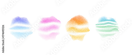 Grain noise colorful gradation abstract organic forms set. Grunge dotwork gradient uneven forms with wave decoration. Liquid sand diffuse effect figures. Vector pink, yellow halftone illustration.