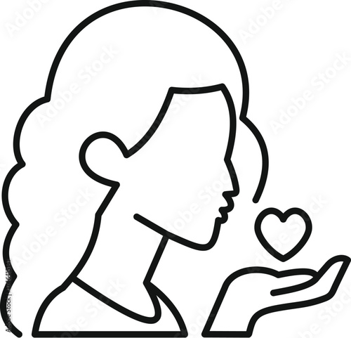 Side view of female profile blowing a kiss with heart, representing love, charity, and volunteering, in a minimalist line art style