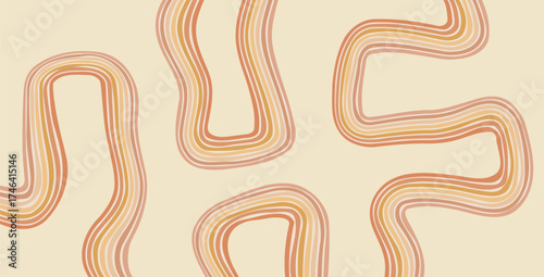 Groovy rainbow warm lines background. Wavy stripes vintage orange colors cover. Playful squiggle wave arch wall design. Vector retro beige wiggle ornament.