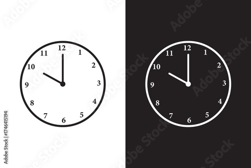 Black and white wall clock icons, vector illustration of analog timepieces, modern round clock designs.