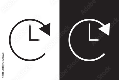 Black and white wall clock icons, vector illustration of analog timepieces, modern round clock designs.