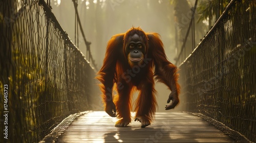Fototapeta Naklejka Na Ścianę i Meble -  Orangutan walking bridge jungle sanctuary sunrise conservation
