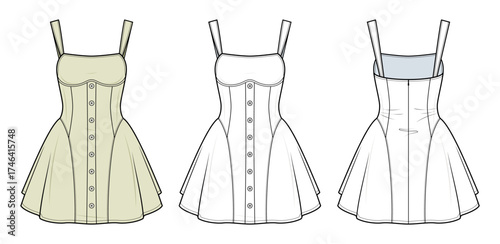 Bustier Mini Dress Technical Fashion Illustration. Sleeveless Button-Front Dress Vector Template. Fitted Bodice, Flared Skirt, Back Zipper. Front and Back View. CAD Mockup Fashion Flat Set.
