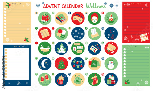 Advent Calendar Wellness. December. Countdown Christmas. Isolated Template Xmas Numbers Merry Round Sticker Icon with Caring for yourself symbols and New Year to-do list, sheet. Vector illustration