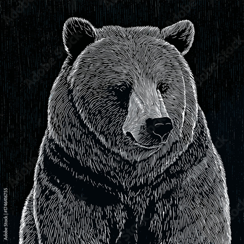 Woodcut linocut black on white illustration of a bear