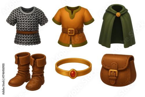 Medieval Icon Collection. Medieval Attire set of icons in 3D color style: chainmail, tunic, leather boots, cloak, circlet crown, belt pouch,