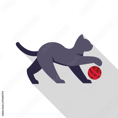 Gray cat playing with red ball of yarn in flat design style with long shadow