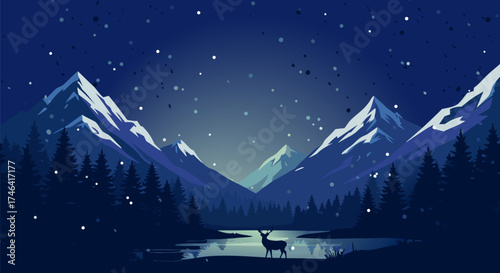 Breathtaking digital art illustration of a starlit winter wonderland, showcasing majestic snow-capped peaks, a tranquil lake, and a graceful deer