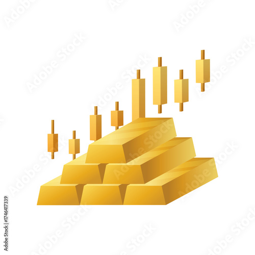 3D Gold Bar Icon with Candlestick Chart showing Price Growth and Financial Trend for Wealth Investment Trading and Asset Graph representing Rising Value and Economic Success In Gold Market