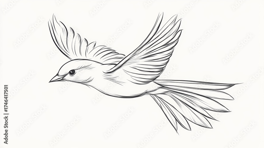 Obraz premium A bird is flying in the sky. The bird is small and has a black beak. The sky is white and the bird is the only thing visible
