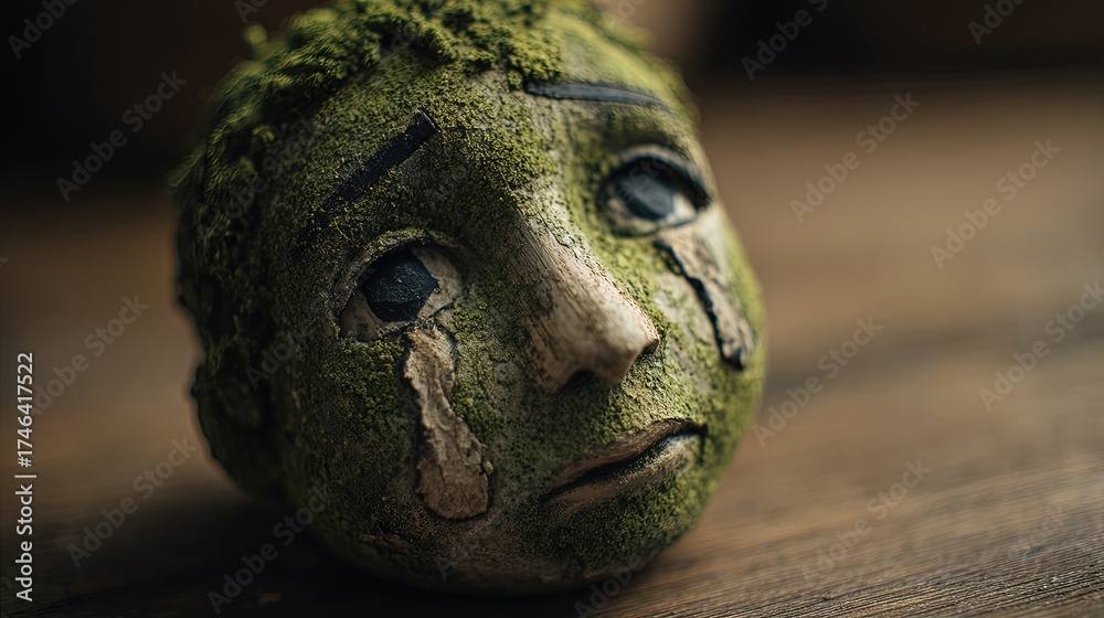 Obraz premium surreal macro portrait of a zombie toy head with childlike sadness: perfect for eerie halloween decor or unique sports interior poster
