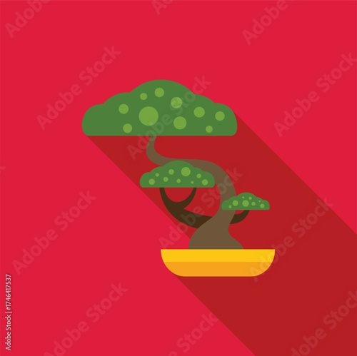 Minimalist vector illustration of a bonsai tree growing in a pot, representing peace, harmony, and balance