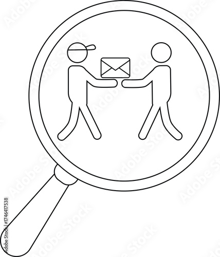 Magnifying glass showing two figures exchanging a letter