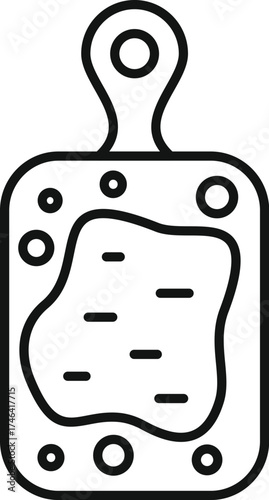 Simple black and white line drawing of a dirty cutting board with food scraps and bubbles, representing kitchen utensil for chopping