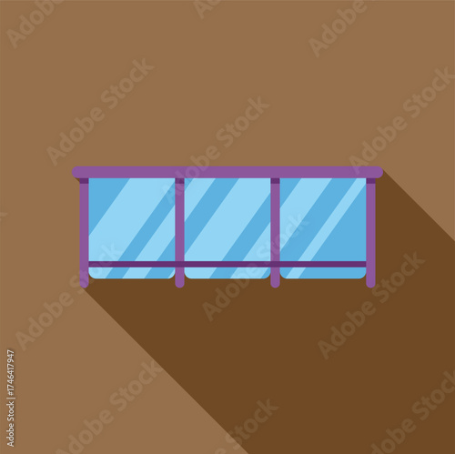 Modern glass balcony with metal railing providing a view of the cityscape, depicted in a flat design style