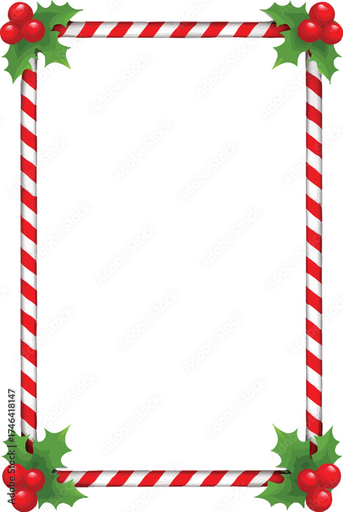 Obraz premium Candy Cane Christmas Border – Red and White Diagonal Stripes with Holly Leaves and Berries for Holiday Cards, Festive Invitations, and Seasonal Graphic Design