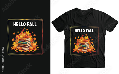 "Hello Fall" Book Stack & Pumpkin Cozy Reader T-Shirt Design
