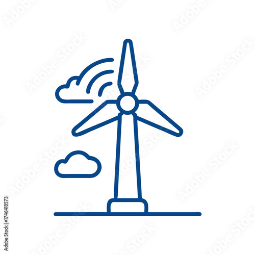 Wind turbine icon with clouds and wind lines in minimal design  