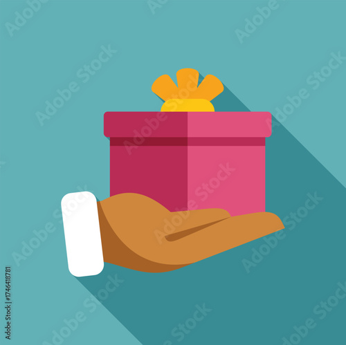Hand is holding a pink gift box with a yellow bow, symbolizing giving a present
