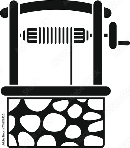 Simple, solid black silhouette of a wishing well with a stone wall and a wooden handle rotating a cylinder