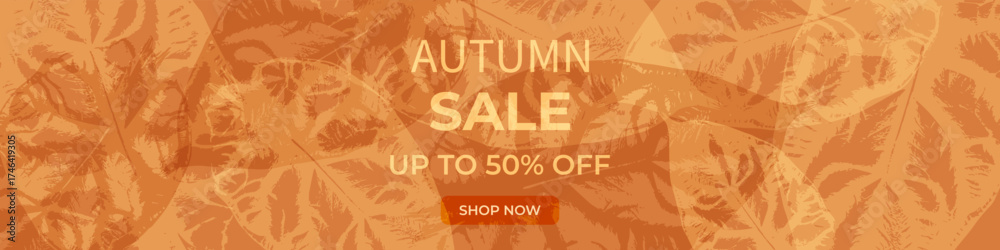 Naklejka premium Autumn sale banner with overlapping leaf textures in orange shades and elegant typography. Perfect for seasonal promotions, ads, and fall marketing campaigns