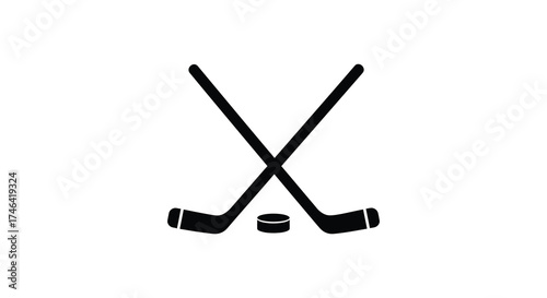 Iconic crossed hockey sticks and puck silhouette representing winter sports and athletic competition silhouette