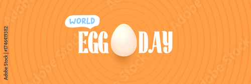 World Egg Day banner with eggs on orange geometric pattern background. International egg day concept horizontal banner poster,flyer, banner design template. Egg food day celebration
