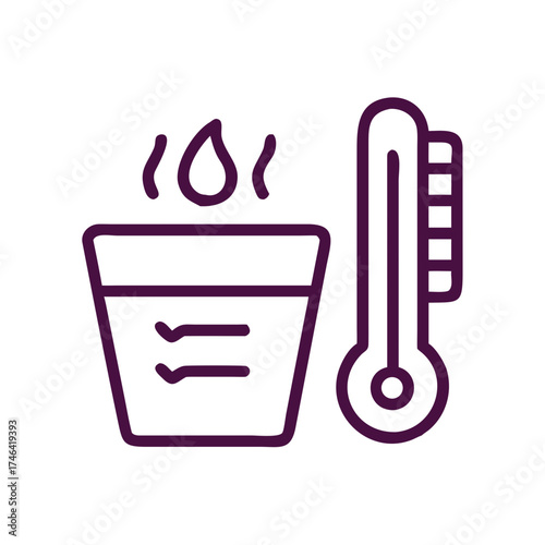 Thermometer next to steaming pot for sauna concept of icon  