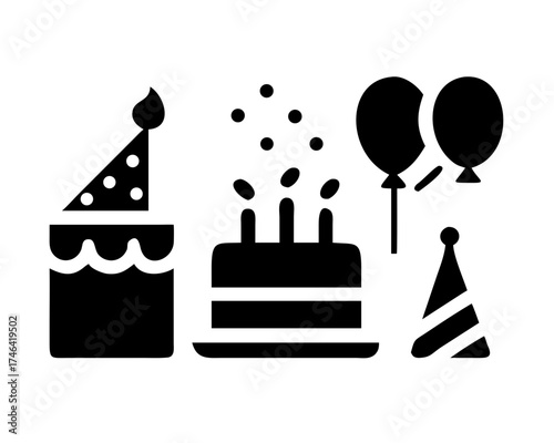 Birthday party with cakes, hats and balloons