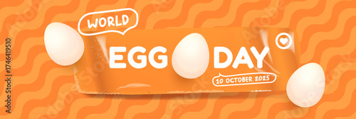 World Egg Day banner with eggs on orange geometric pattern background. International egg day concept horizontal banner poster,flyer, banner design template. Egg food day celebration